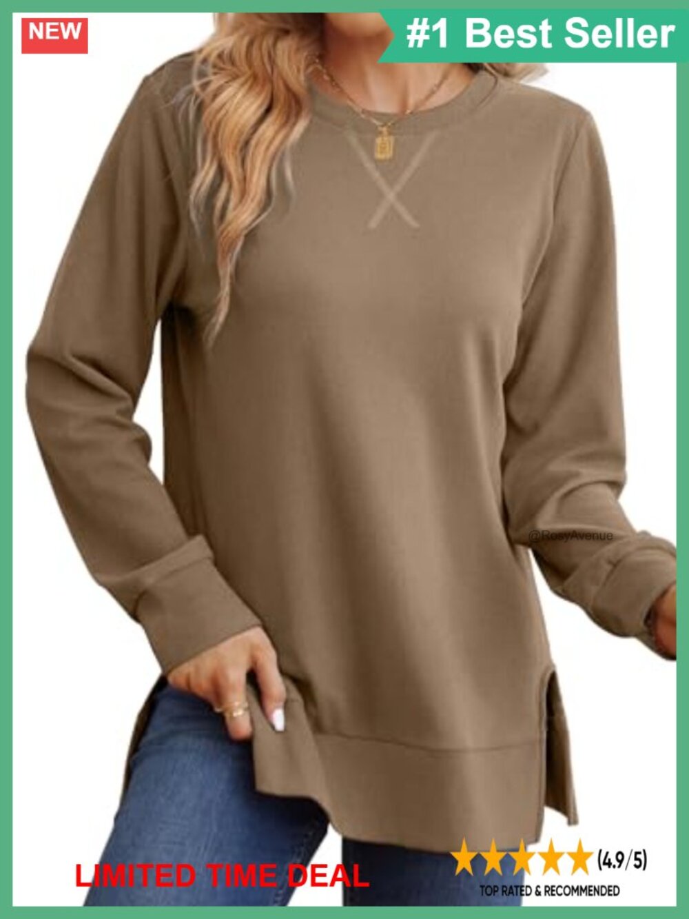 Women's Long Sleeve Crew Neck Sweatshirt Pullover Relaxed Fit Side Split